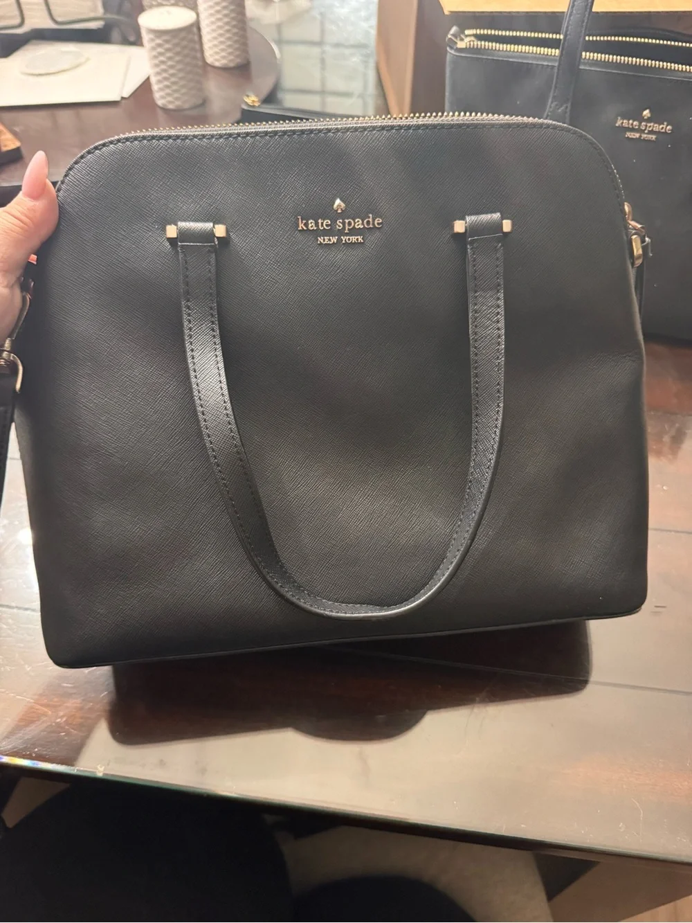 kate spade black saffiano dome satchel with gold logo